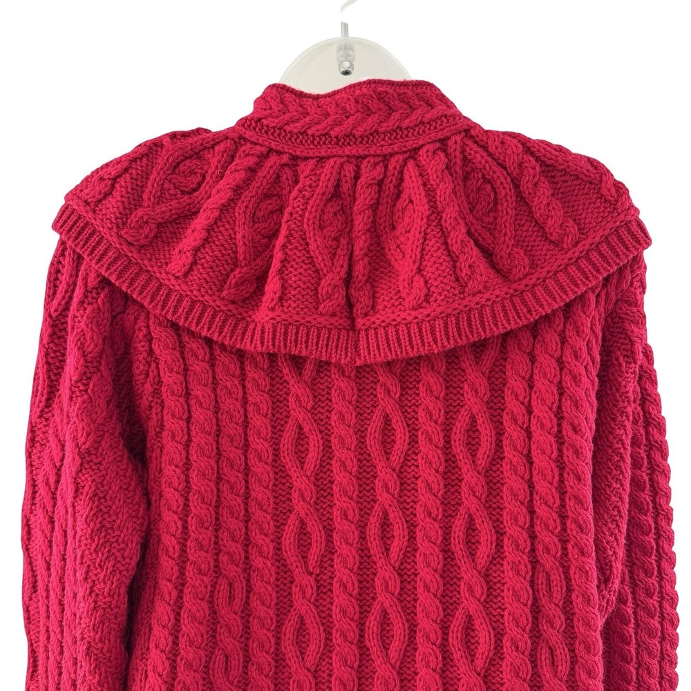 Aran Crafts Long Cardigan Sweater Womens L Red Wool Cable Knit Ireland Fisherman - Picture 7 of 16